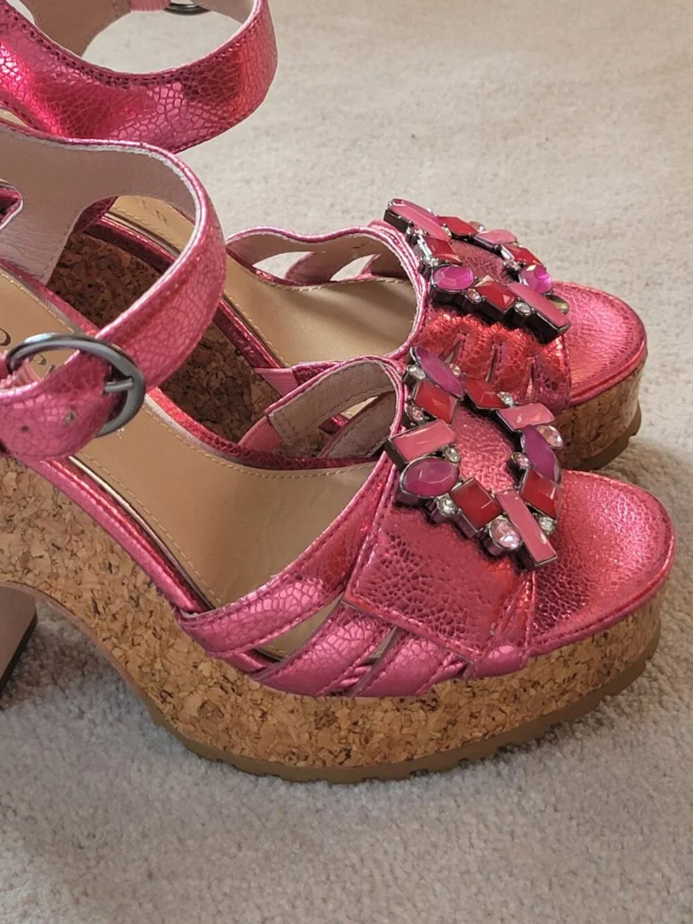 Donald Pliner Galatea Hot Pink Metallic Jeweled Glam Chic Cork Wedge Sandals 6.5